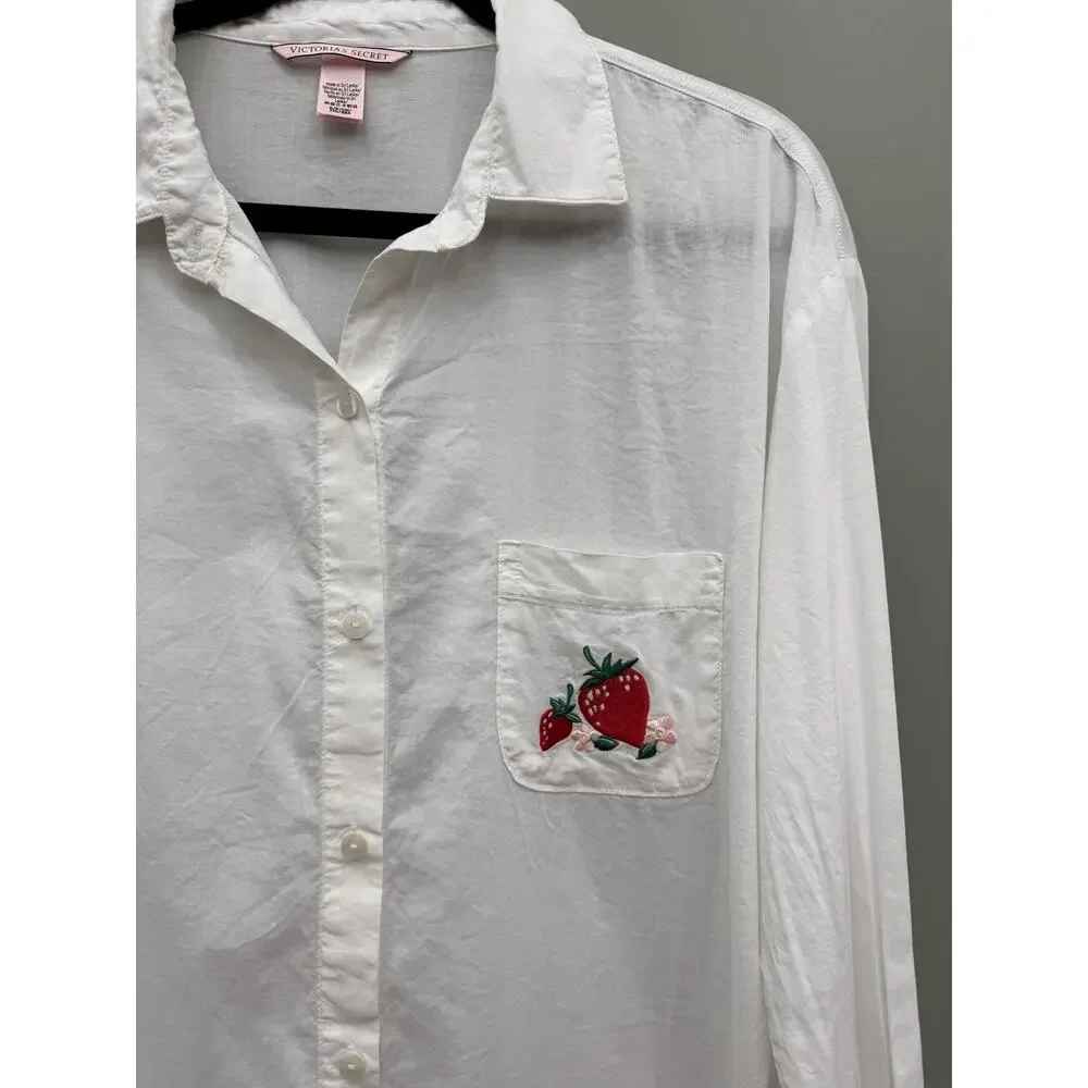 Victoria's Secret Strawberry Embroidered Sleep Shirt Nightgown White Small
